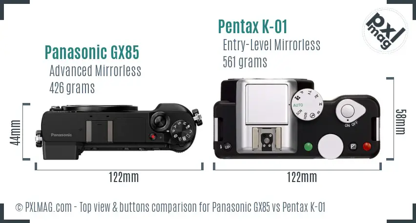 Panasonic GX85 vs Pentax K-01 top view buttons comparison