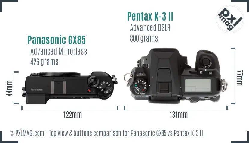 Panasonic GX85 vs Pentax K-3 II top view buttons comparison
