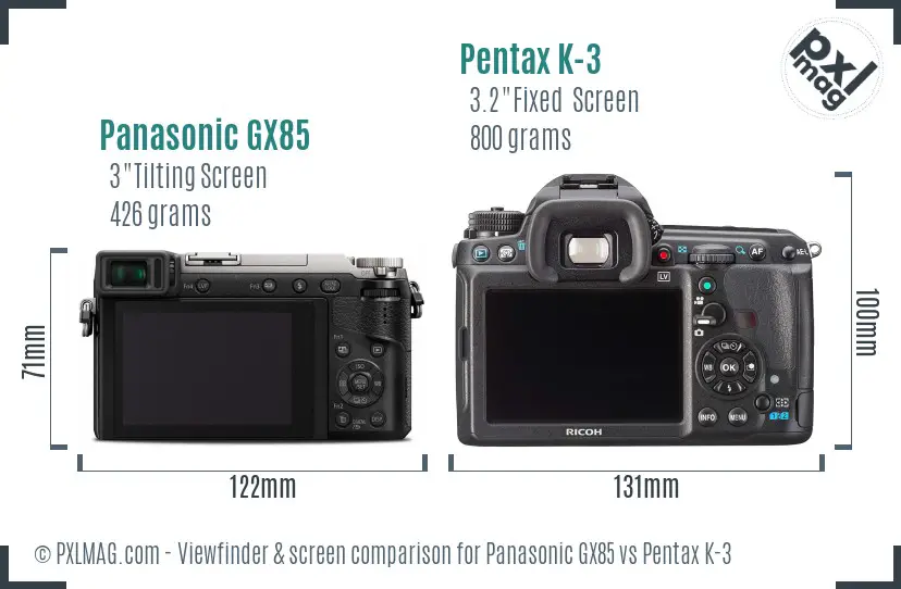 Panasonic GX85 vs Pentax K-3 Screen and Viewfinder comparison