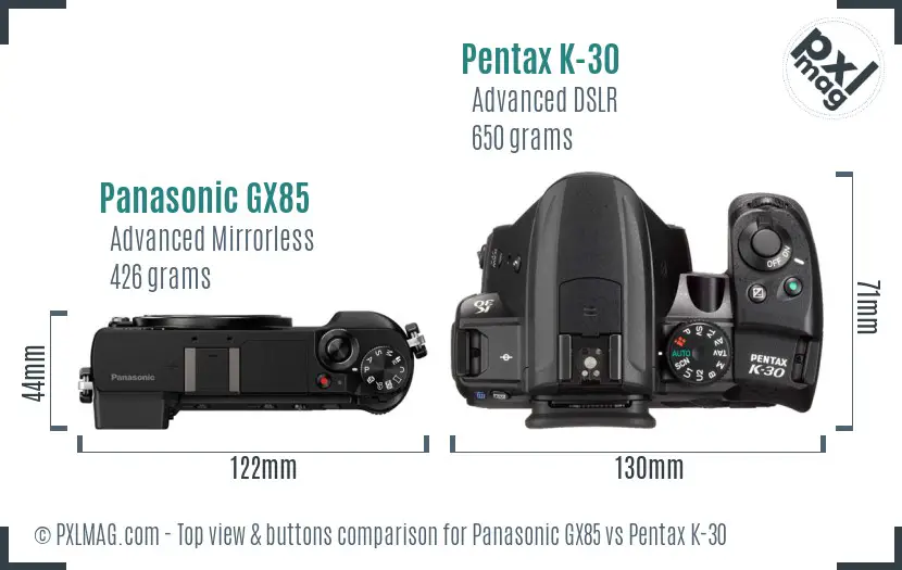 Panasonic GX85 vs Pentax K-30 top view buttons comparison