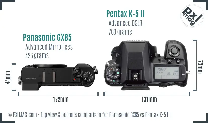 Panasonic GX85 vs Pentax K-5 II top view buttons comparison
