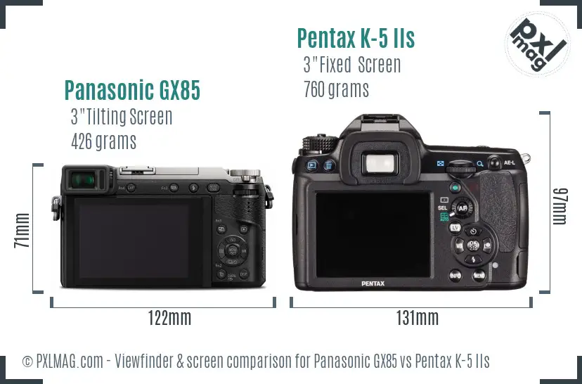 Panasonic GX85 vs Pentax K-5 IIs Screen and Viewfinder comparison