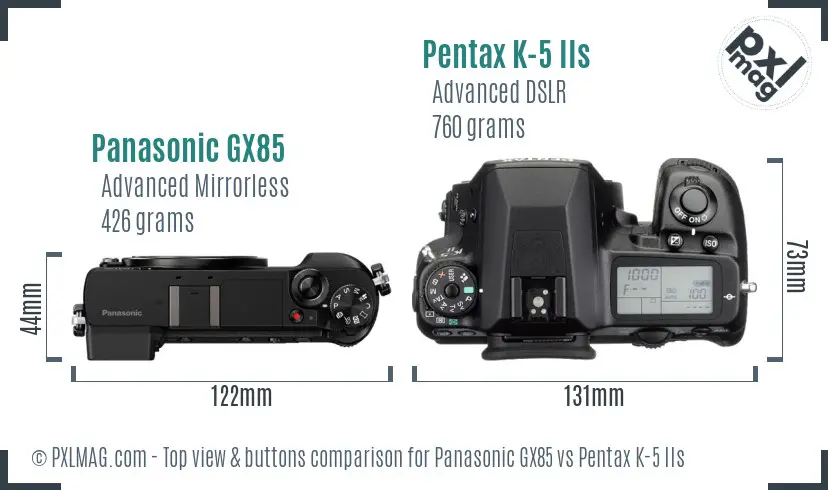 Panasonic GX85 vs Pentax K-5 IIs top view buttons comparison