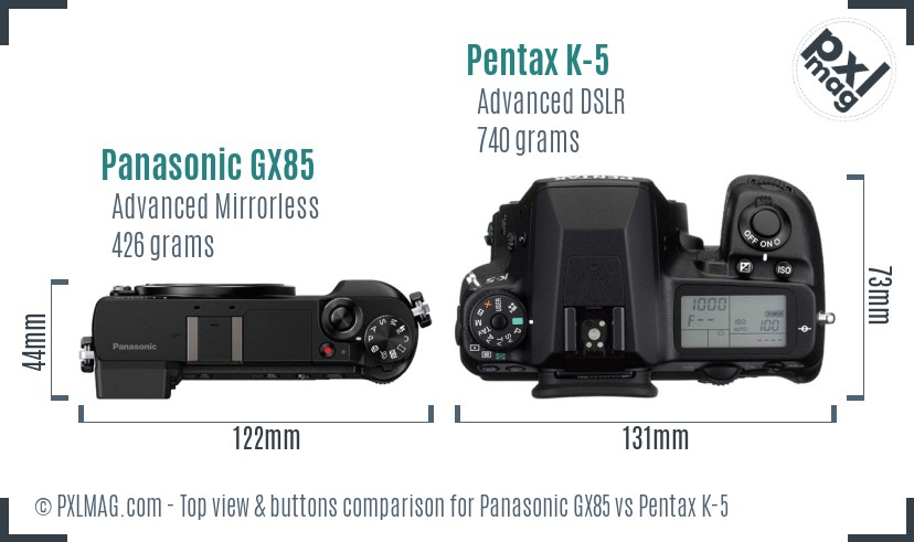 Panasonic GX85 vs Pentax K-5 top view buttons comparison