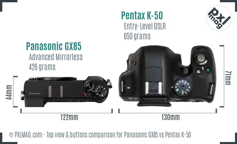 Panasonic GX85 vs Pentax K-50 top view buttons comparison