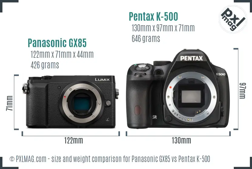 Panasonic GX85 vs Pentax K-500 size comparison