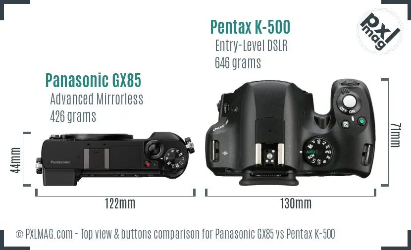 Panasonic GX85 vs Pentax K-500 top view buttons comparison