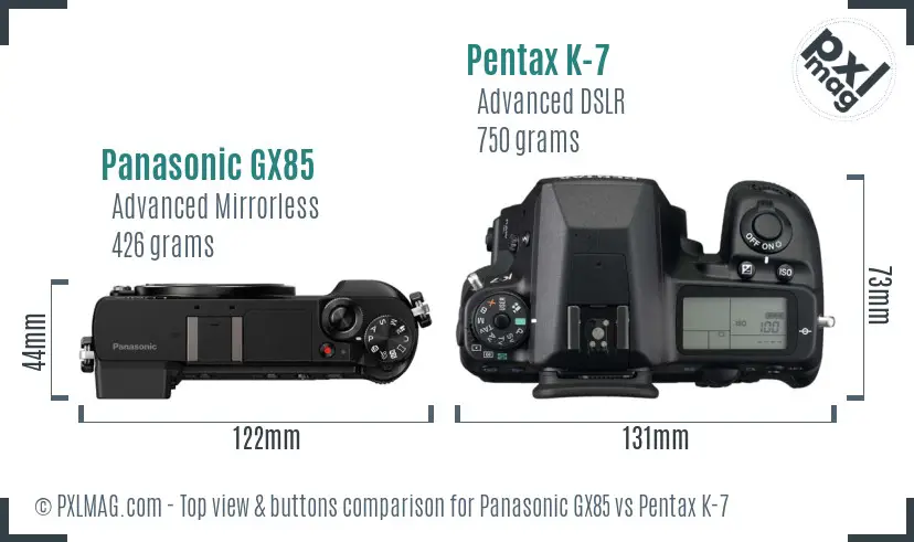 Panasonic GX85 vs Pentax K-7 top view buttons comparison