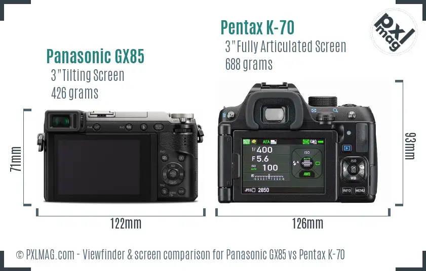 Panasonic GX85 vs Pentax K-70 Screen and Viewfinder comparison