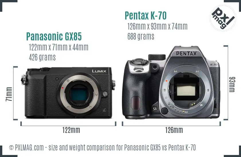 Panasonic GX85 vs Pentax K-70 size comparison