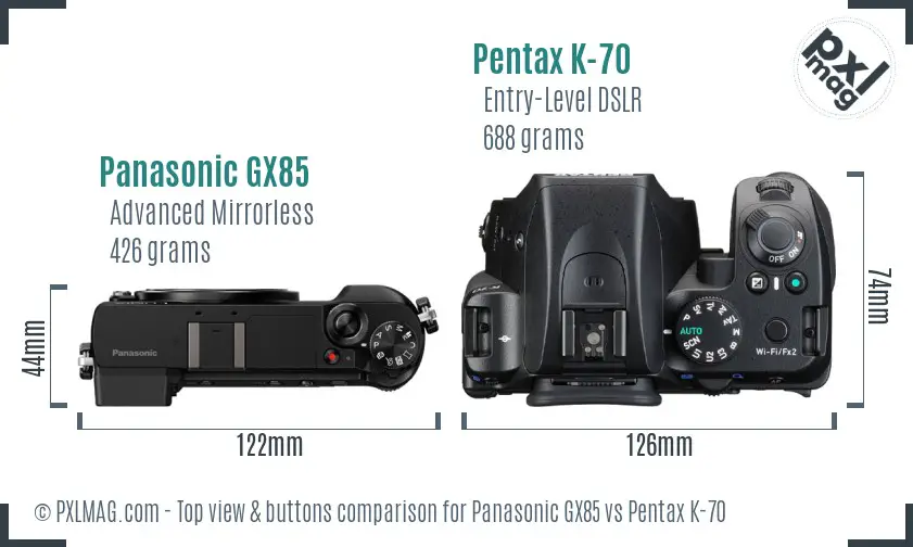 Panasonic GX85 vs Pentax K-70 top view buttons comparison