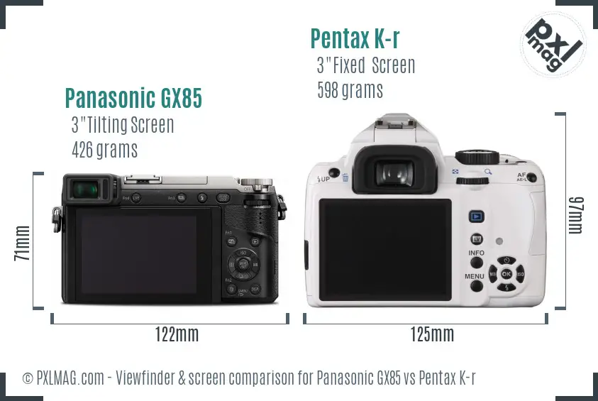 Panasonic GX85 vs Pentax K-r Screen and Viewfinder comparison