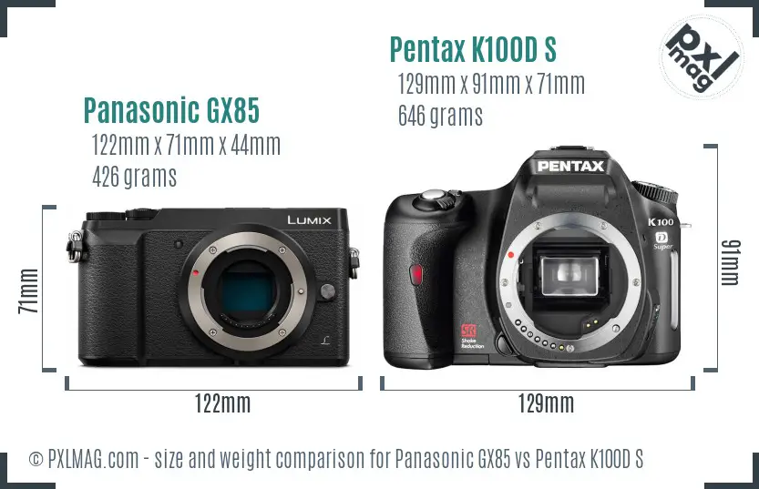 Panasonic GX85 vs Pentax K100D S size comparison