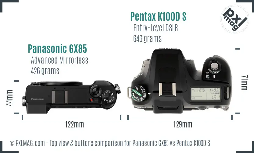 Panasonic GX85 vs Pentax K100D S top view buttons comparison