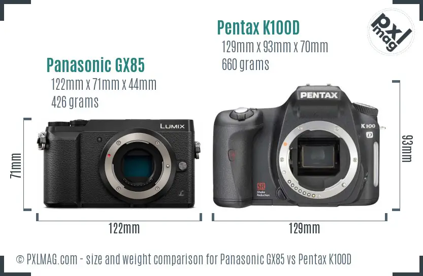 Panasonic GX85 vs Pentax K100D size comparison