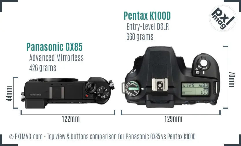 Panasonic GX85 vs Pentax K100D top view buttons comparison