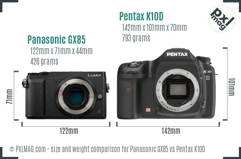 Panasonic GX85 vs Pentax K10D size comparison