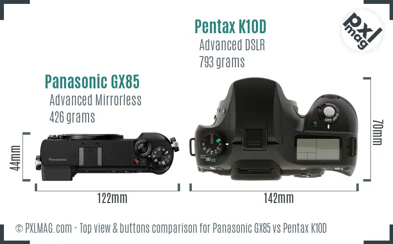 Panasonic GX85 vs Pentax K10D top view buttons comparison