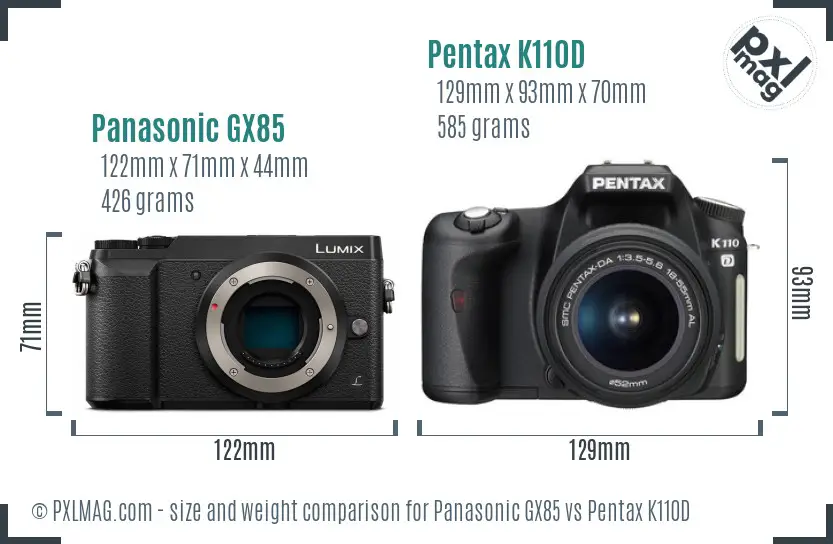 Panasonic GX85 vs Pentax K110D size comparison
