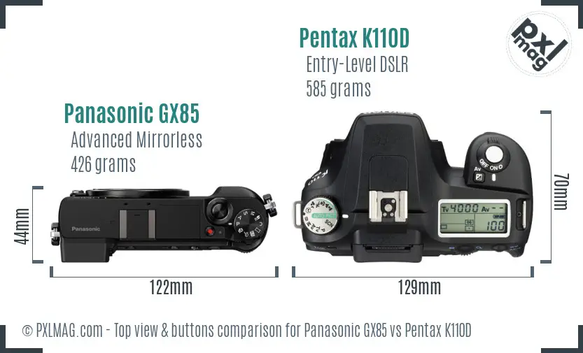 Panasonic GX85 vs Pentax K110D top view buttons comparison