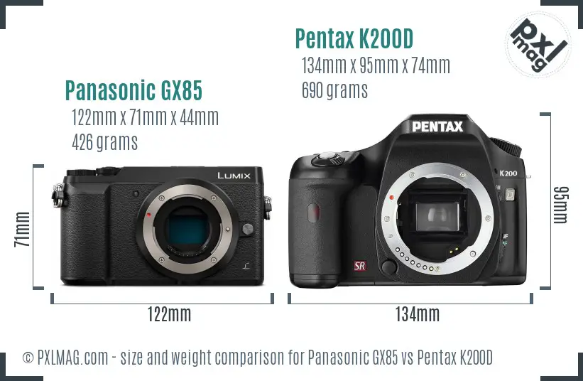 Panasonic GX85 vs Pentax K200D size comparison