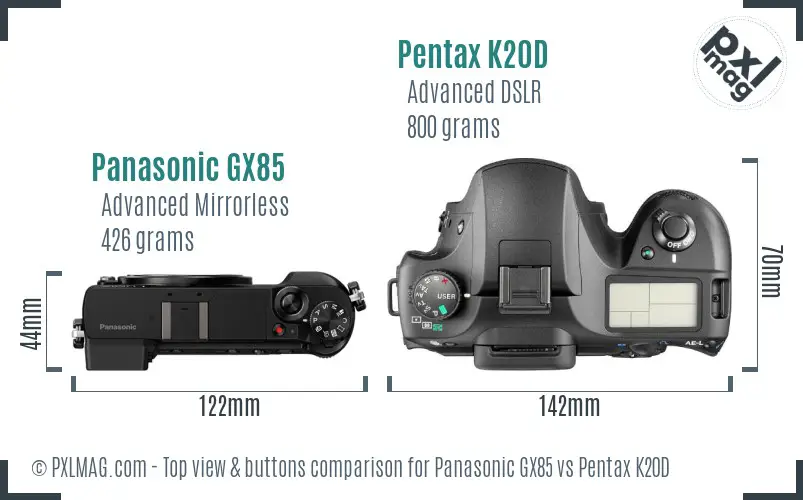 Panasonic GX85 vs Pentax K20D top view buttons comparison