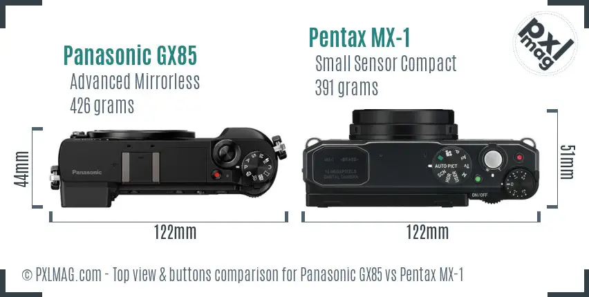 Panasonic GX85 vs Pentax MX-1 top view buttons comparison