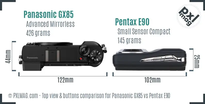Panasonic GX85 vs Pentax E90 top view buttons comparison