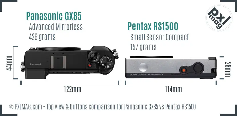 Panasonic GX85 vs Pentax RS1500 top view buttons comparison
