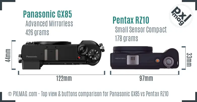 Panasonic GX85 vs Pentax RZ10 top view buttons comparison