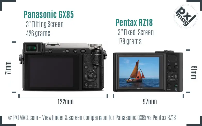 Panasonic GX85 vs Pentax RZ18 Screen and Viewfinder comparison