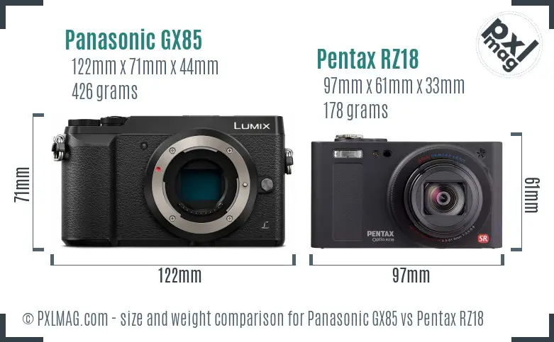 Panasonic GX85 vs Pentax RZ18 size comparison