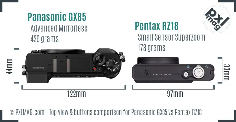 Panasonic GX85 vs Pentax RZ18 top view buttons comparison