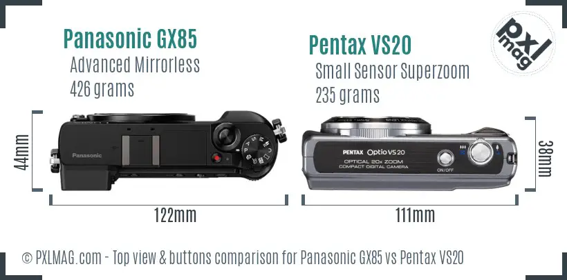 Panasonic GX85 vs Pentax VS20 top view buttons comparison