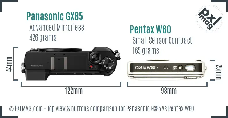 Panasonic GX85 vs Pentax W60 top view buttons comparison