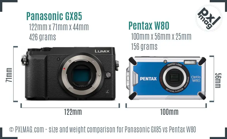 Panasonic GX85 vs Pentax W80 size comparison