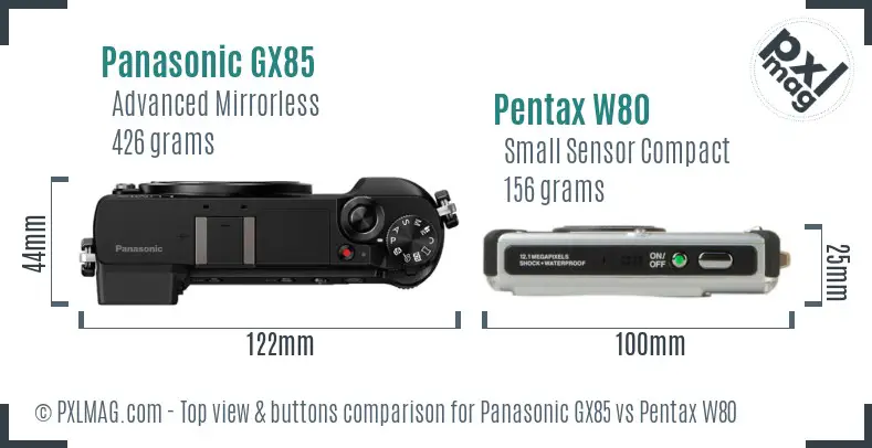 Panasonic GX85 vs Pentax W80 top view buttons comparison