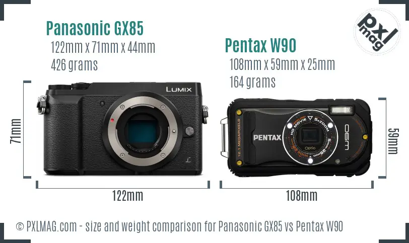 Panasonic GX85 vs Pentax W90 size comparison