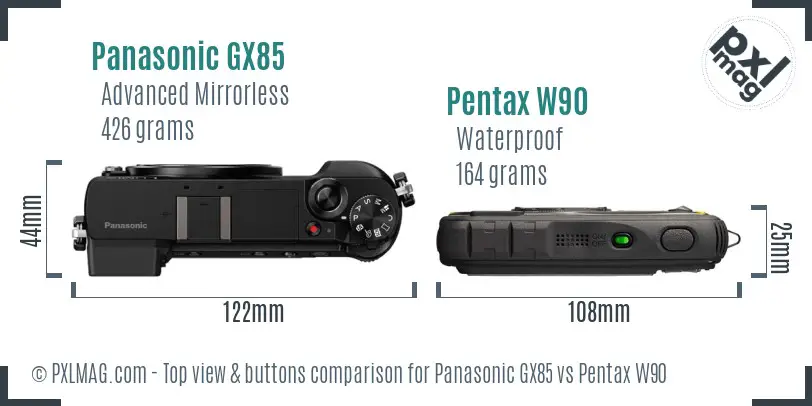 Panasonic GX85 vs Pentax W90 top view buttons comparison