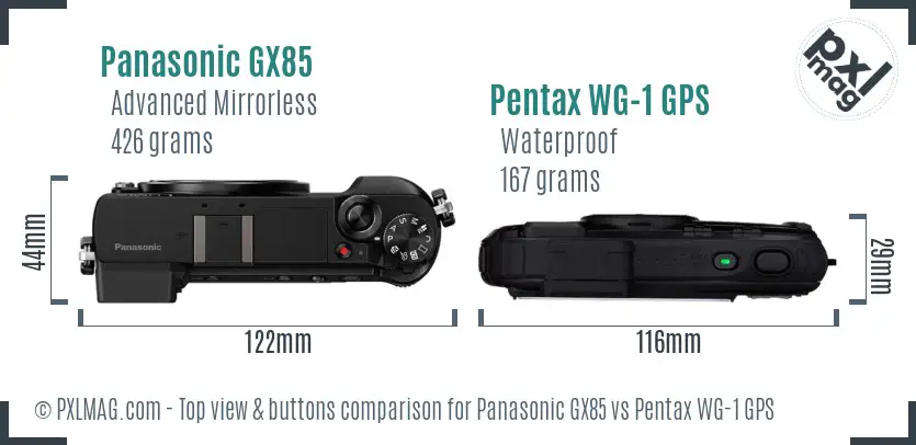 Panasonic GX85 vs Pentax WG-1 GPS top view buttons comparison
