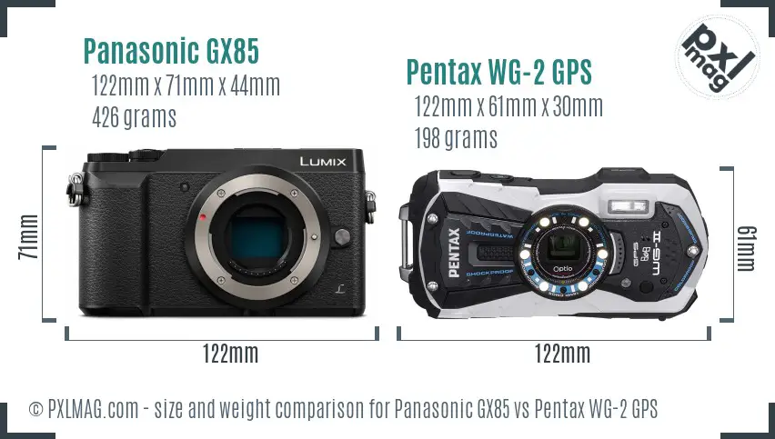 Panasonic GX85 vs Pentax WG-2 GPS size comparison