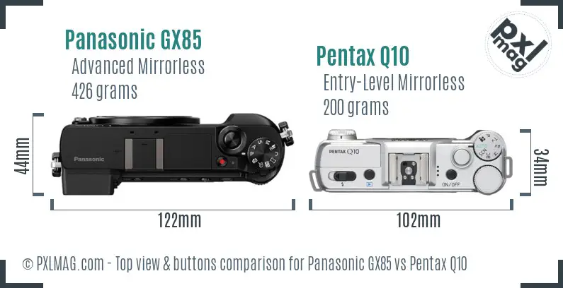 Panasonic GX85 vs Pentax Q10 top view buttons comparison