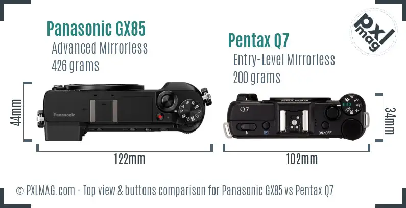 Panasonic GX85 vs Pentax Q7 top view buttons comparison
