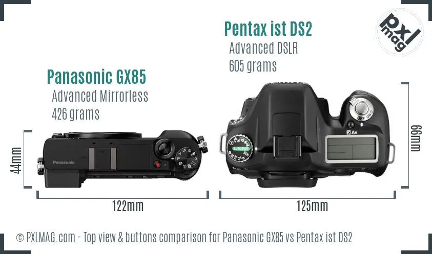 Panasonic GX85 vs Pentax ist DS2 top view buttons comparison