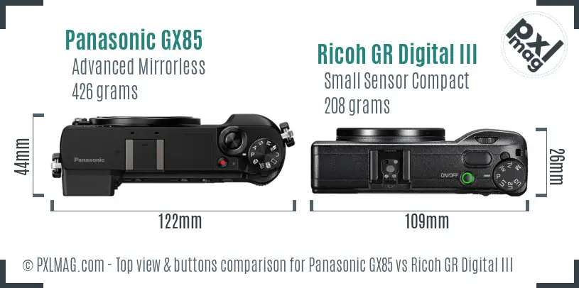 Panasonic GX85 vs Ricoh GR Digital III top view buttons comparison Panasonic GX85 vs Ricoh GR Digital III top view buttons comparison