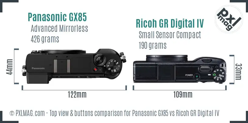 Panasonic GX85 vs Ricoh GR Digital IV top view buttons comparison