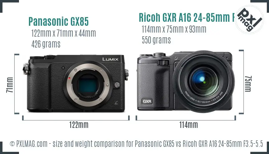 Panasonic GX85 vs Ricoh GXR A16 24-85mm F3.5-5.5 size comparison