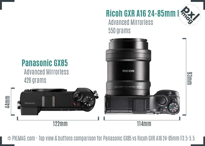 Panasonic GX85 vs Ricoh GXR A16 24-85mm F3.5-5.5 top view buttons comparison