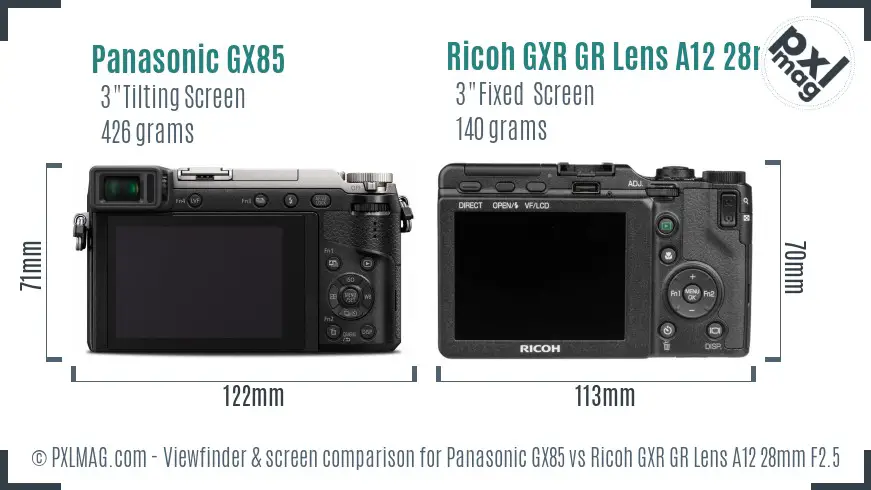 Panasonic GX85 vs Ricoh GXR GR Lens A12 28mm F2.5 Screen and Viewfinder comparison