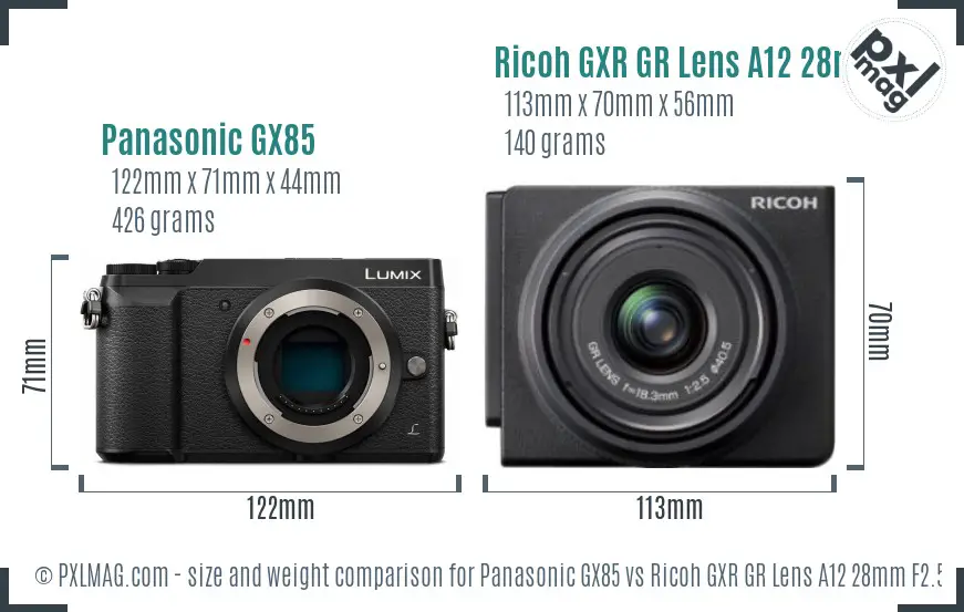 Panasonic GX85 vs Ricoh GXR GR Lens A12 28mm F2.5 size comparison